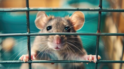 A gray molting rat amusingly holds cage bars with its teeth, a heartwarming display of curiosity and affection on World Day of Laboratory Animals