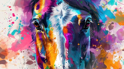 painting of a horse face with colorful paint splatters 