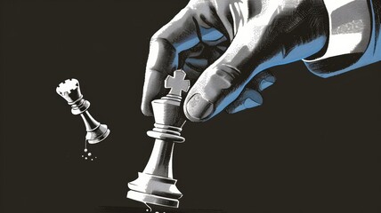 The person moves the piece on the chessboard. Artistic work on the theme of strategy

