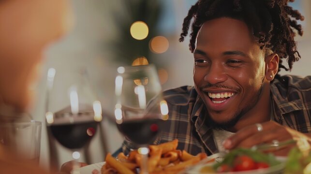 Happy smiling young african american couple in romantic dinner with wine at home. AI generated image