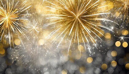 abstract gold and silver glitter background with fireworks christmas eve 4th of july holiday concept - obrazy, fototapety, plakaty