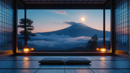 Minimalist White Wooden Podium,a Japanese Onsen bath Room with breathtaking midnight Mountain with lantern and moonlight Background
