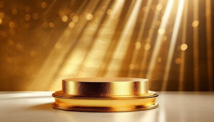 3d presentation background pedestal or dais made of gold in room illuminated by sunlight 3d rendering of mockup of presentation podium for display or advertising purposes - obrazy, fototapety, plakaty