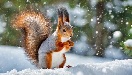 cute red squirrel in the falling snow against the background of a pine forest winter time background