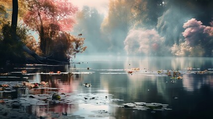 Serenity's Reflection: Mesmerizing Blurred Lake Background - obrazy, fototapety, plakaty