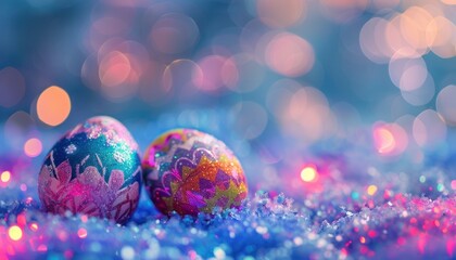 Sparkling decorated easter eggs on festive background - obrazy, fototapety, plakaty