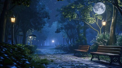the park at night, as the moon casts a soft glow on the wooden benches and leafy park alley, creating a magical atmosphere.
