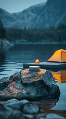 Minimalist White cylinder clean rough rock Podium, front view focus, a Greenhill with campfire and...