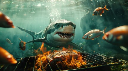 Shark sitting under the sea grilling meat 