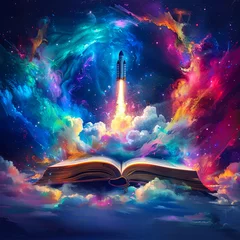Foto op Plexiglas Colorful cosmic clouds and space emerging from an open book with a rocket launching skyward © weerasak