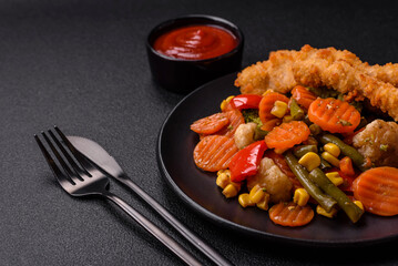 Delicious healthy vegetables steamed carrots, broccoli, asparagus beans and peppers