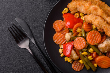 Delicious healthy vegetables steamed carrots, broccoli, asparagus beans and peppers