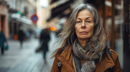 Mature woman posing in a city street