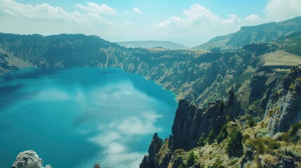 The deepest crater lake in the world Surrounded by mountains The atmosphere is very beautiful. - obrazy, fototapety, plakaty