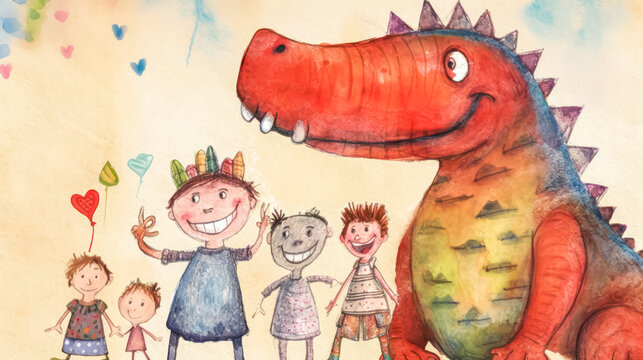 childrens pencil drawing depicts playful dinosaurs and kids having a blast together