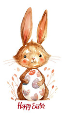 Funny bunny with painted egg watercolor illustration. Happy Easter greeting card
