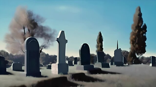 Beneath a serene sky, a graveyard bathes in sunlight, casting strange shadows over time-worn tombstones, creating a contemplative scene that melds peace with the mystery of the afterlife