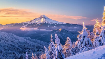 A mountain covered in snow with tall trees in the foreground on a cold winter day - obrazy, fototapety, plakaty