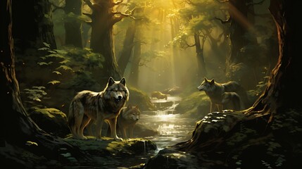 Enchanting Wilderness: Mesmerizing Forest Scene with Elegant Wolves - obrazy, fototapety, plakaty