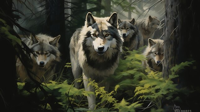 Enchanting Wilderness: Mesmerizing Forest Scene with Elegant Wolves