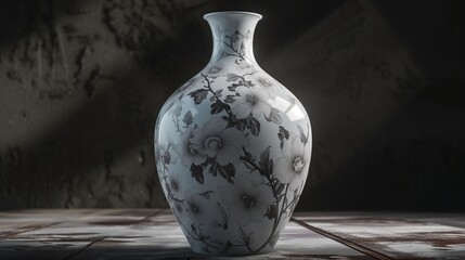 A delicate ceramic vase with a delicate floral design, sweeping panorama,