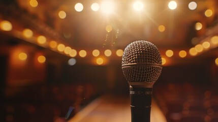 Close up of microphone in conference room with blurred bokeh light background. AI generated image