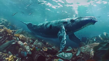 Fototapeta premium Whale stuck in garbage under the sea 