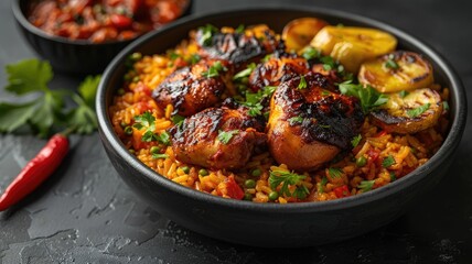 jollof rice adorned with succulent chicken pieces and golden fried plantain, a quintessential dish of West African cuisine, with ample space for text. - obrazy, fototapety, plakaty