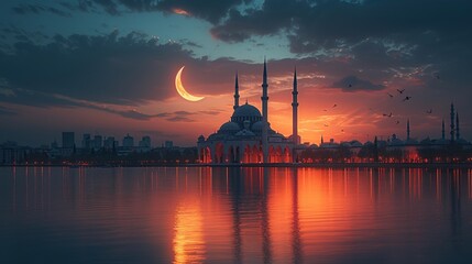 islamic background, celebration of the holy month of ramadan, with mosque, crescent moon and clear sky, ramadan greeting concept