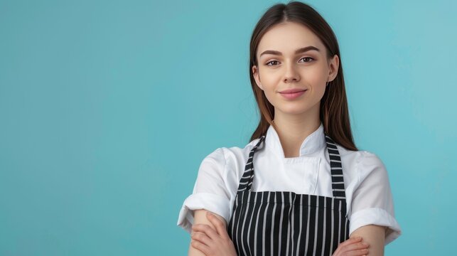 Portrait beautiful young woman in black clean striped apron on blue background.AI generated image