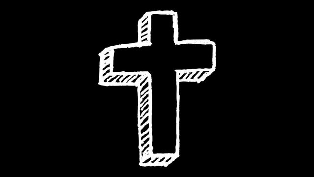 White wiggly hand drawn 3d Christian church cross icon outline overlay animation 