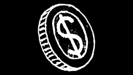 White wiggly hand drawn 3d dollar coin money icon outline overlay animation 