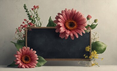 A frame with flowers gerberas. Image for a wedding, women's day, mother's day, Valentine's Day or birthday themed greeting card or invitation. Space for text