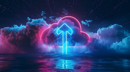A futuristic cloud with an arrow pointing up, symbolizing the upward trend of digital transformation in business technology and data use cases Generative AI - obrazy, fototapety, plakaty