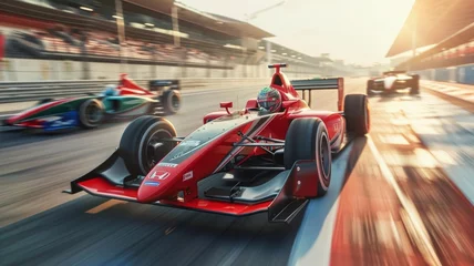 Foto auf Acrylglas Motion blur, Race driver and race car racing on speed track, Car race on asphalt race track crossing finish line. © Werckmeister