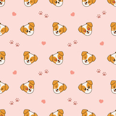 Vector seamless pattern with cute jack russell terrier dogs, hearts love and footprints on pink background