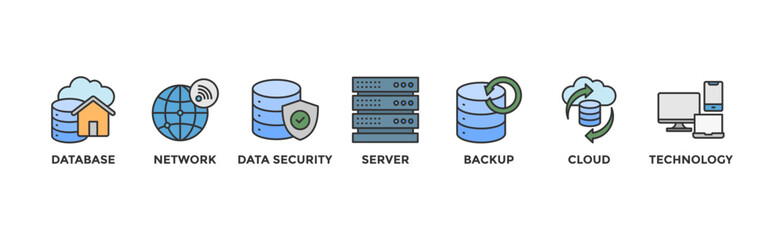 Data center banner web icon vector illustration concept with icon of database, network, data security, server, backup, cloud and technology	