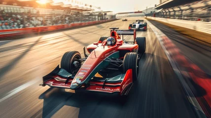 Foto op Plexiglas Motion blur, Race driver and race car racing on speed track, Car race on asphalt race track crossing finish line. © Werckmeister
