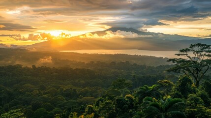 The sun is setting low in the sky, casting a warm golden light over the dense jungle foliage and creating dramatic silhouettes of the trees