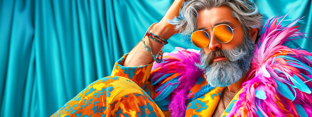 Obraz premium Fashionable Man with Colorful Feather Details. Unique and stylish perspective on modern masculinity and creativity