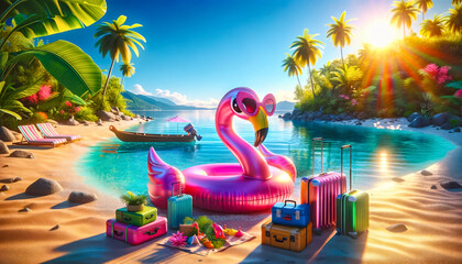 Flamingo Float and Colorful Luggage on Tropical Beach. Travel, holiday and leisure concept