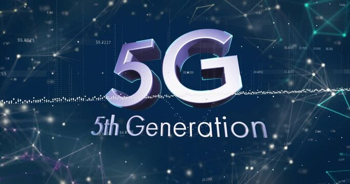 Animation of network of connections over 5g 5th generation text