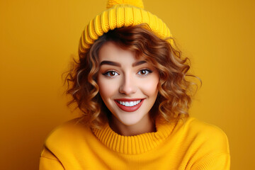 Portrait of a happy young woman in sweater rejoices and looking at the camera over yellow background. Young woman cute face expression posing in yellow sweater and knitted hat on yellow background.