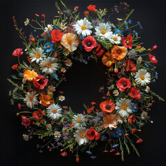Wreath of flowers of cornflowers, daisies and poppies, a bright wreath on a black background