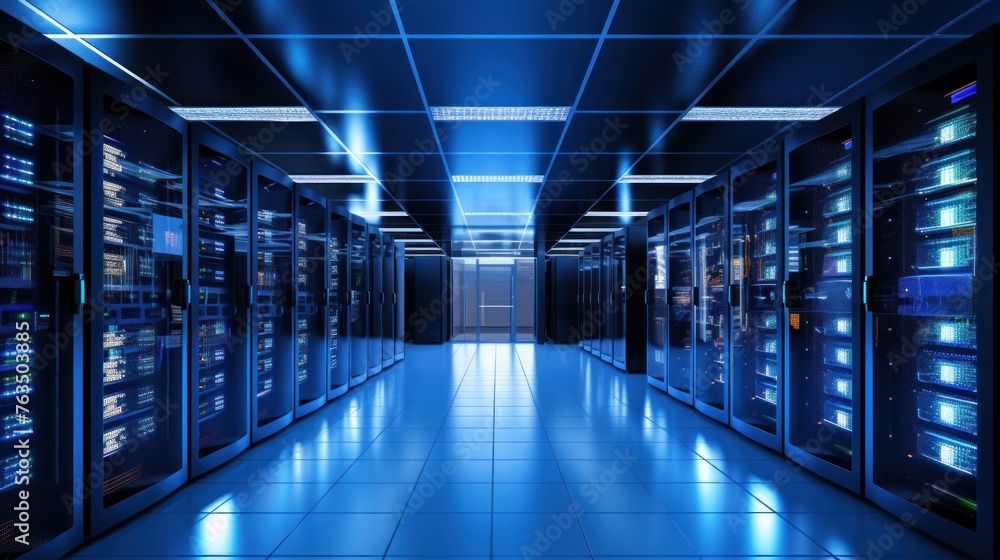 Poster depict a state of the art data center with rows of server racks, cooling systems, and redundant powe