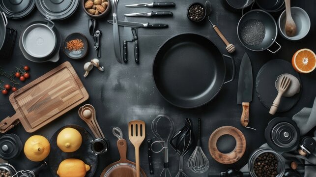 Top view modern kitchen supplies and kitchen dish various on flat lay. AI generated image