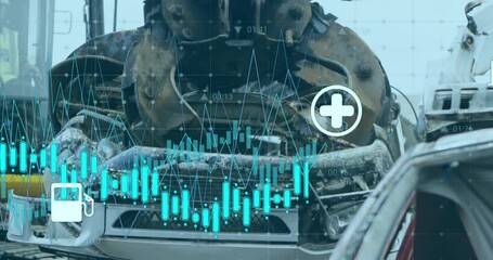 Animation of financial data processing with icons over landfill - Powered by Adobe