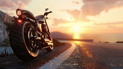 There is a motorcycle parked on the road and a beautiful sunset behind it. The scene includes mountains and trees, and yellow lights reflect off the wet road, creating a warm atmosphere.