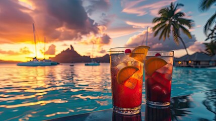 two colorful cocktails in tall glasses on the edge of an infinity pool with an orange and red drink. Colorful sky over the islands with sailboats and tropical palm trees moored nearby. - obrazy, fototapety, plakaty
