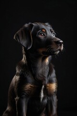 A black dog with brown and white fur is looking at the camera